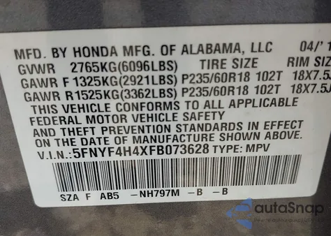 2015 Honda Pilot Ex из США, поврежденный, VIN 5FNYF4H4XFB073628